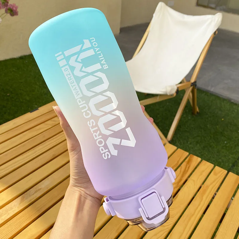 2L Kawaii Jumbo Water Bottle with Straw Time Marker Plastic Cute Water Jug Juice Tea Portable Gym Drink Bottle Bpa Free Hot Sale