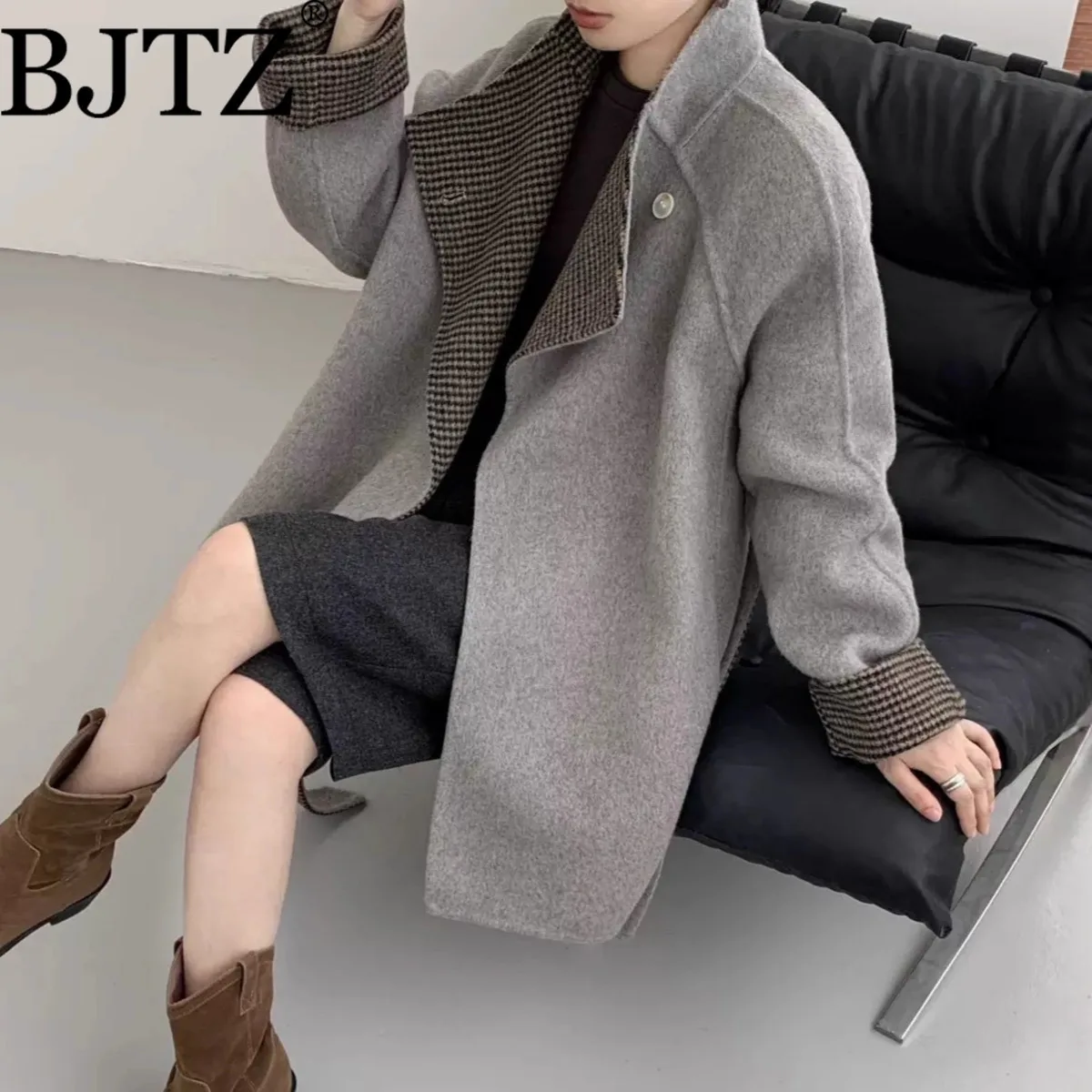 

BJTZ 2025 корейское двустороннее шерстяное пальто женское оверсайз для похудения универсальная зимняя верхняя одежда средней длины осенняя мода теплое