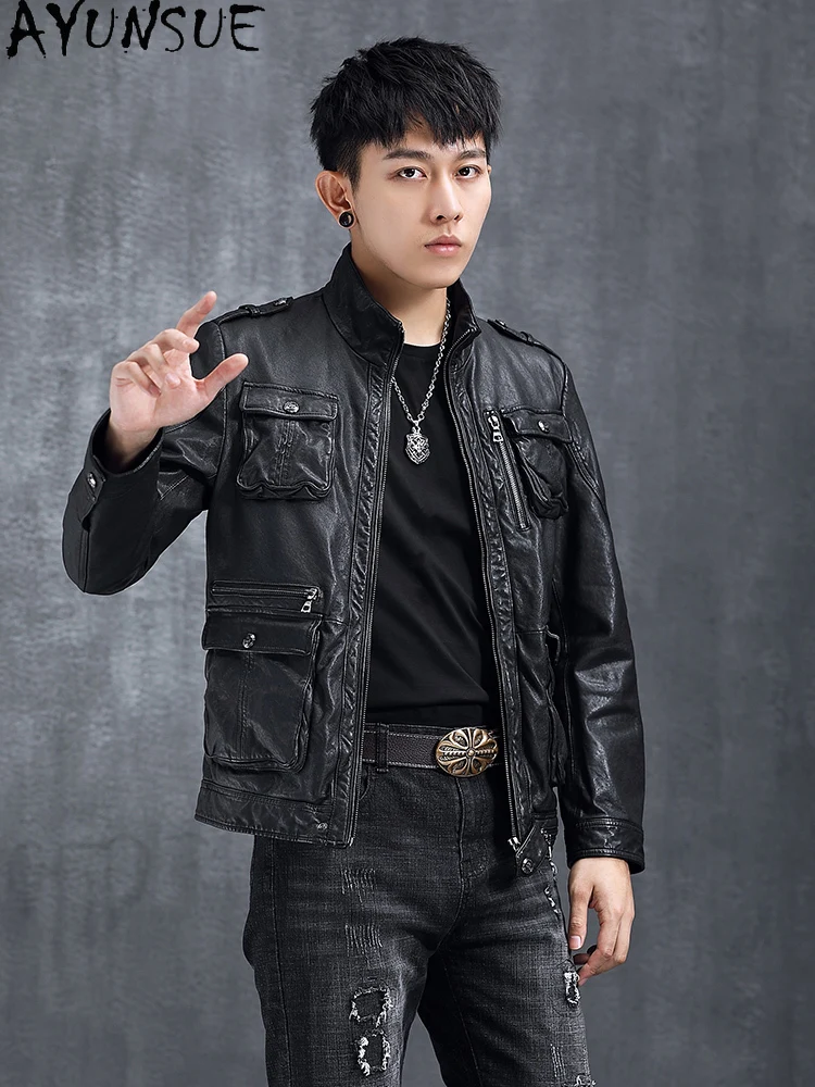 AYUNSUE 100% Real Leather Jacket Men Fashion Men's Motorcycle Suit Stand Collar Genuine Sheepskin Leather Jackets Man Coat 2025