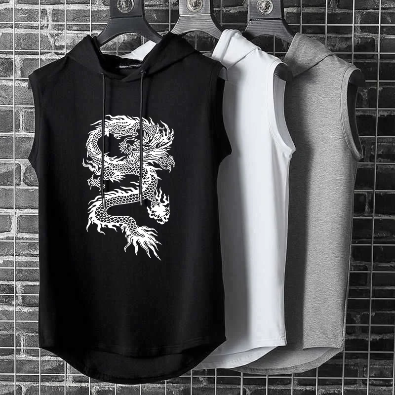 

Dragon Men Hoodies Tank Top Sleeveless Muscle Gym Sport Slim Vest Bodybuilding Hooded Hip Hop Streetwear Workout Elastic Men Tan