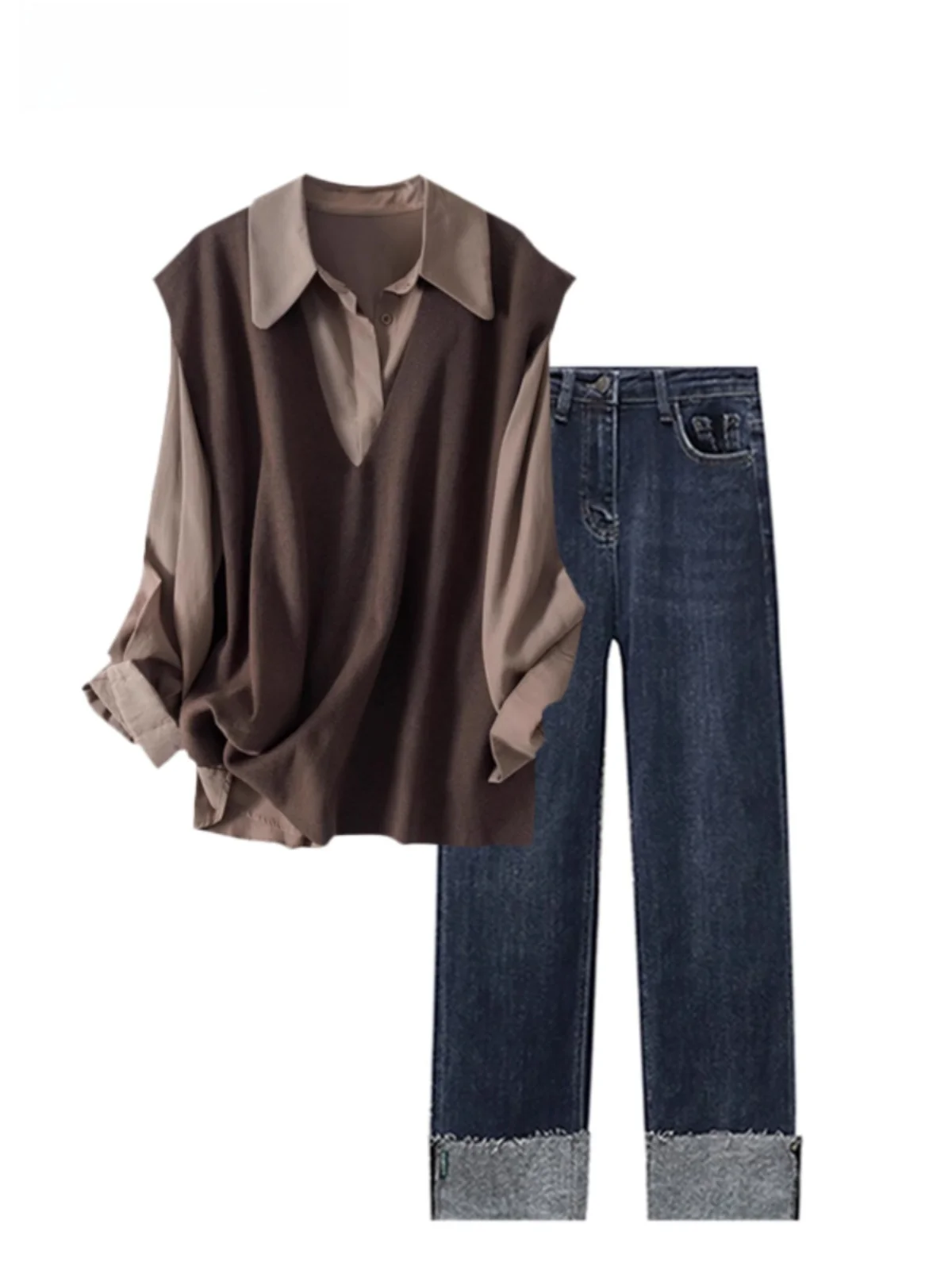 

Комплект джинсов Cara CLUB большого размера с эффектом омоложения, женский, весенний, новый, модный, из двух предметов, с высокой талией, длинные брюки