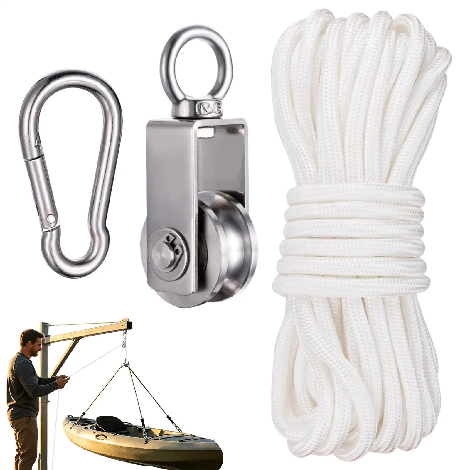 Stainless Steel Swivel Pulley with 32FT Rope Heavy Duty Rotating Cable Pulley Multi-Purpose Pulley for Gym Camping Garage