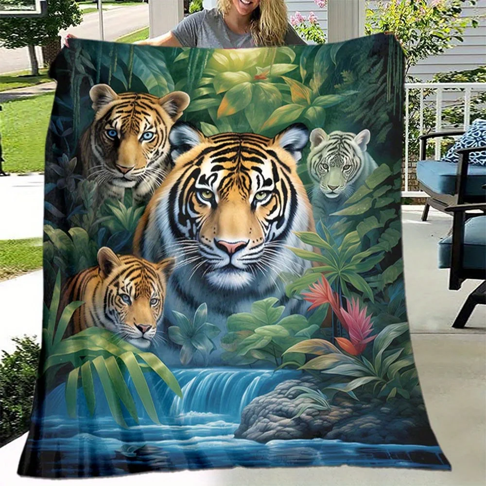 Tiger Jungle Print Flannel Throw Blanket Cozy, Warm & Durable for Couch, Bed, Office, Camping Multi-Size Options