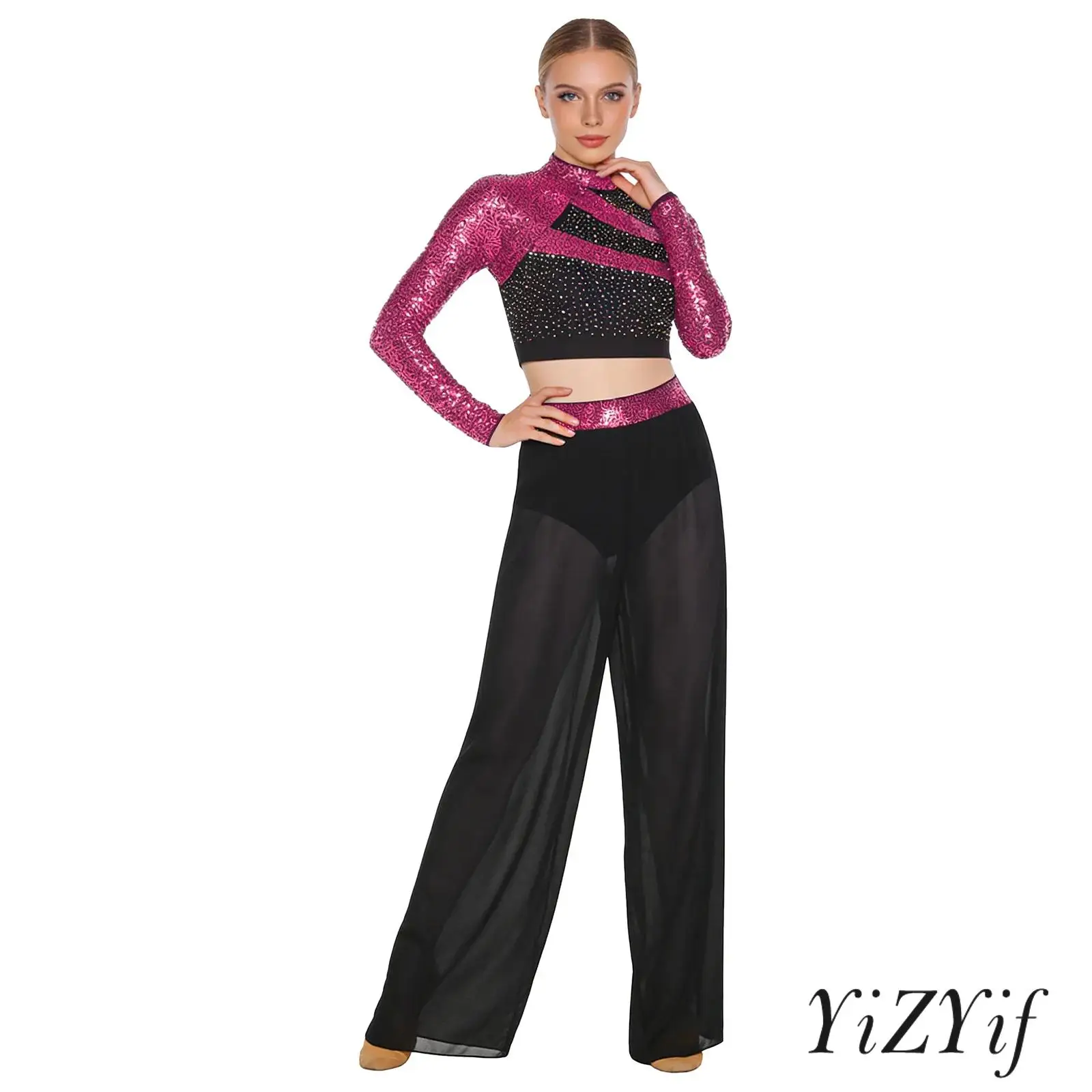 

Elegant Womens Lyrical Jazz Dance Wear Long Sleeve Cutout Back Sequins Rhinestones Crop Top with Pants for Salsa Ballroom Dance