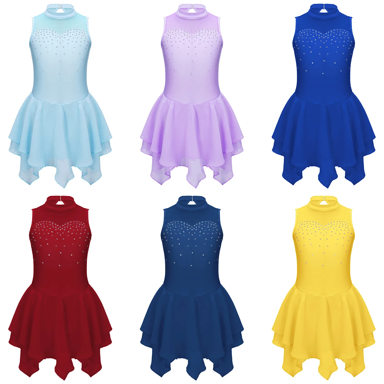 Figure Skating Dress for Girls Ballet Dance Gymnastics Leotard Tutu Sleeveless Rhinestone Mesh Dresses Performance Dancewear