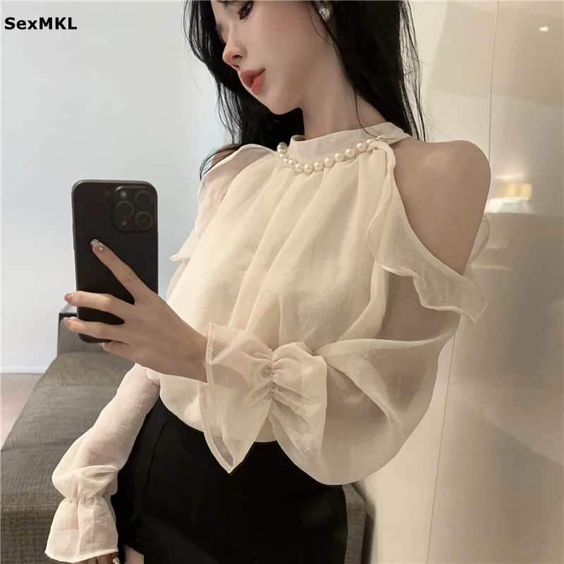 

Streetwear Off Shoulder Chiffon Y2k Blouses Women Ruffle Long Sleeve Beading Spring Summer Sweet Ladies Black Tops Casual Shirts