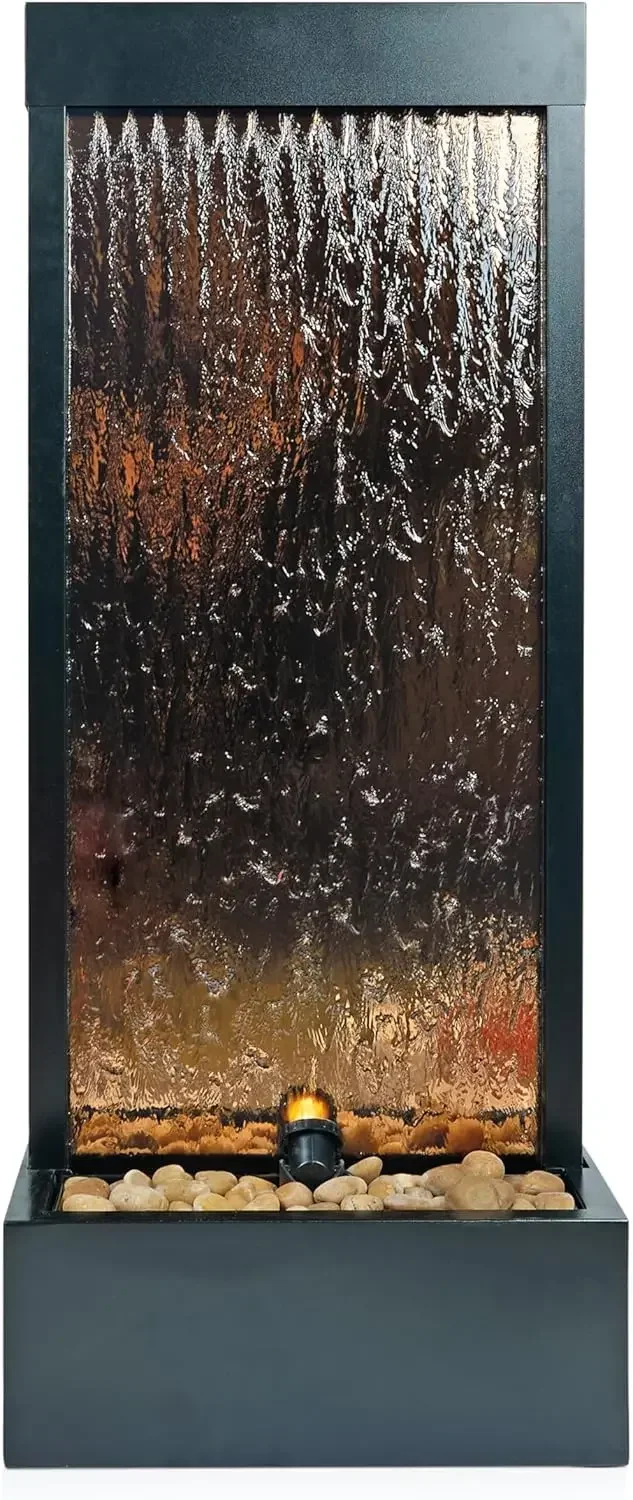 - Mirror Waterfall Fountain with Stones & Lights - Zen Indoor/Outdoor Decor for Office, Living Room, Patio, Entryway - 48 Inches