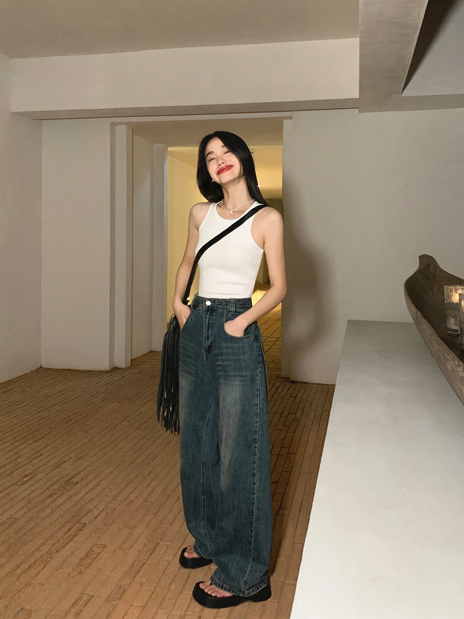 

Pusumede High Waist Loose Fit Blue Denim Pants Women's New Style Casual Wide Leg Jeans Spring Summer Cotton Trousers