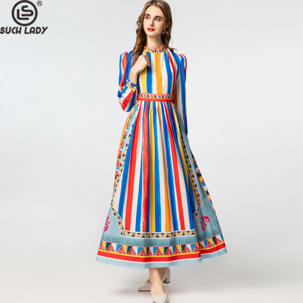 

Women's Dresses O Neck Long Sleeves Striped High Street Fashion Casual Vestidos