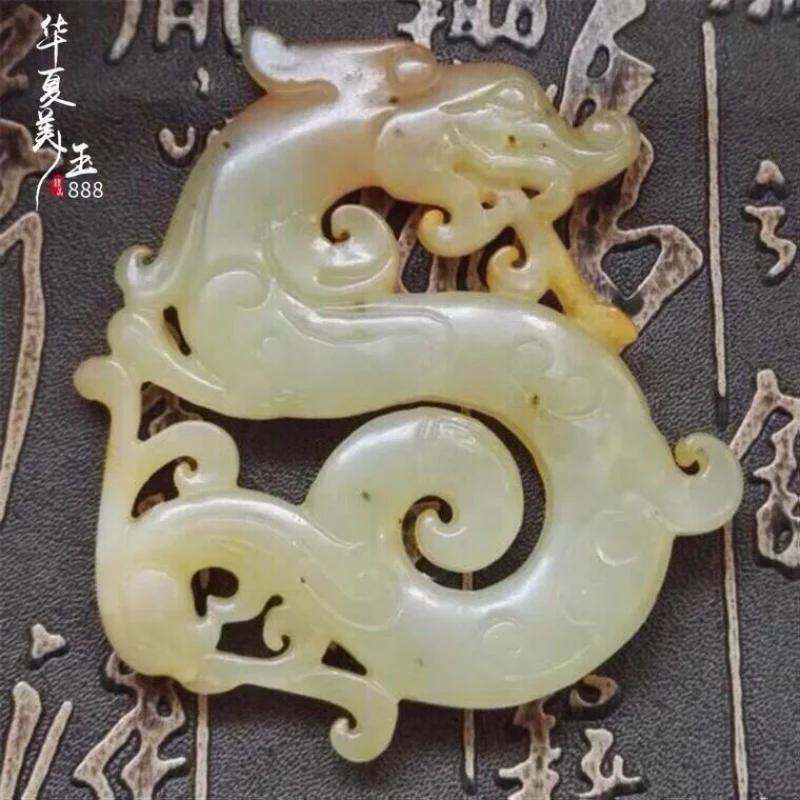 Chinese Warring States Style Old Xiuyu Jade Openwork Flying Dragon Pendant Jade Curio Collectible Ornament