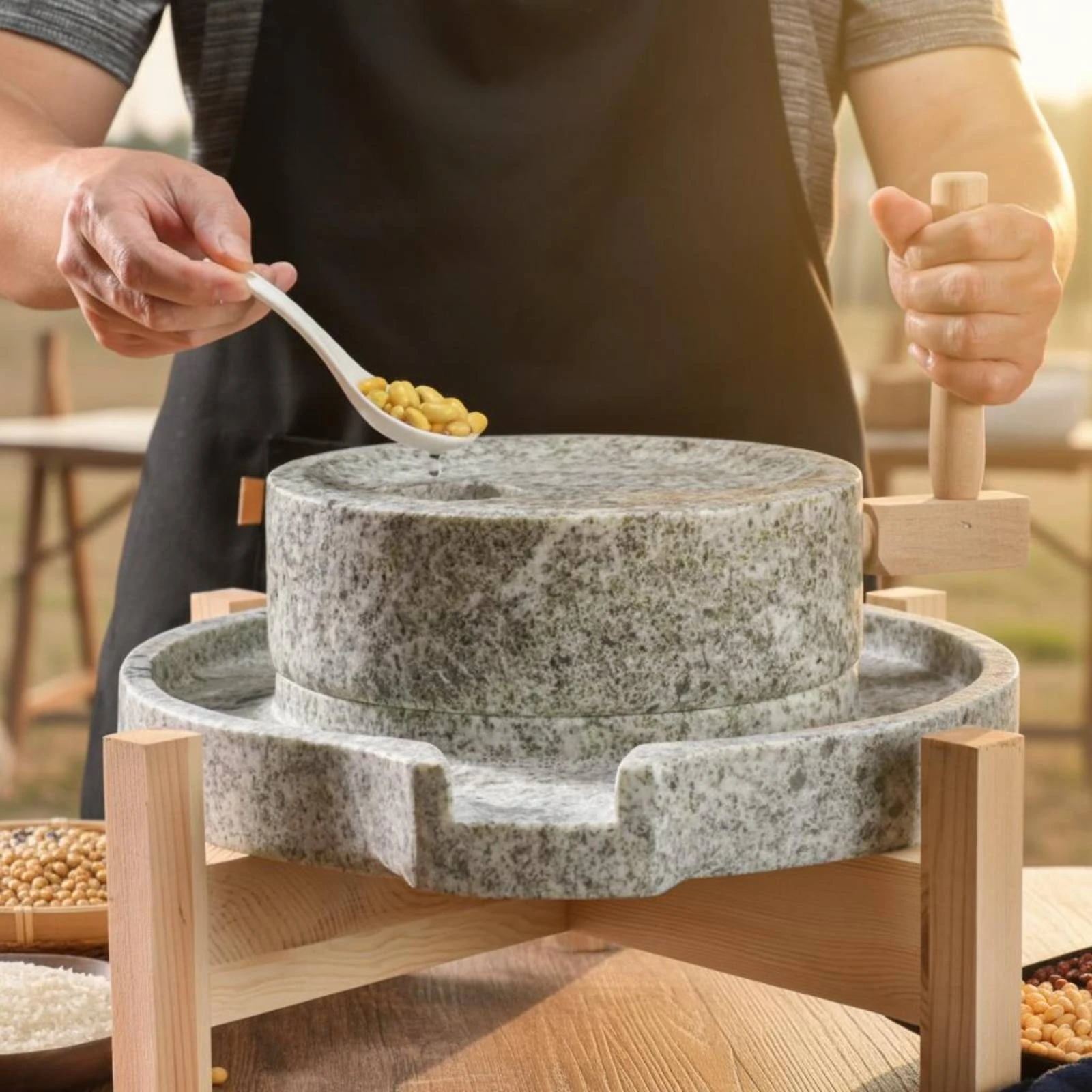 Stone Mill Non Electric Manual Stone Grinder Traditional Flour Grinder Natural Granite Food Prep Tool Easy to Clean