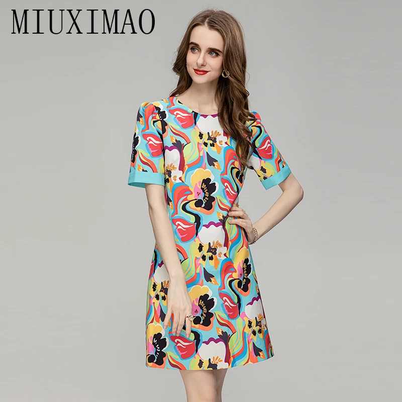 

MIUXIMAO 2023 Summer/Fall Dress Newest Arrival Fashion Short Sleeve Slim Flower Diamonds Above Knee Print Dress Women Vestido