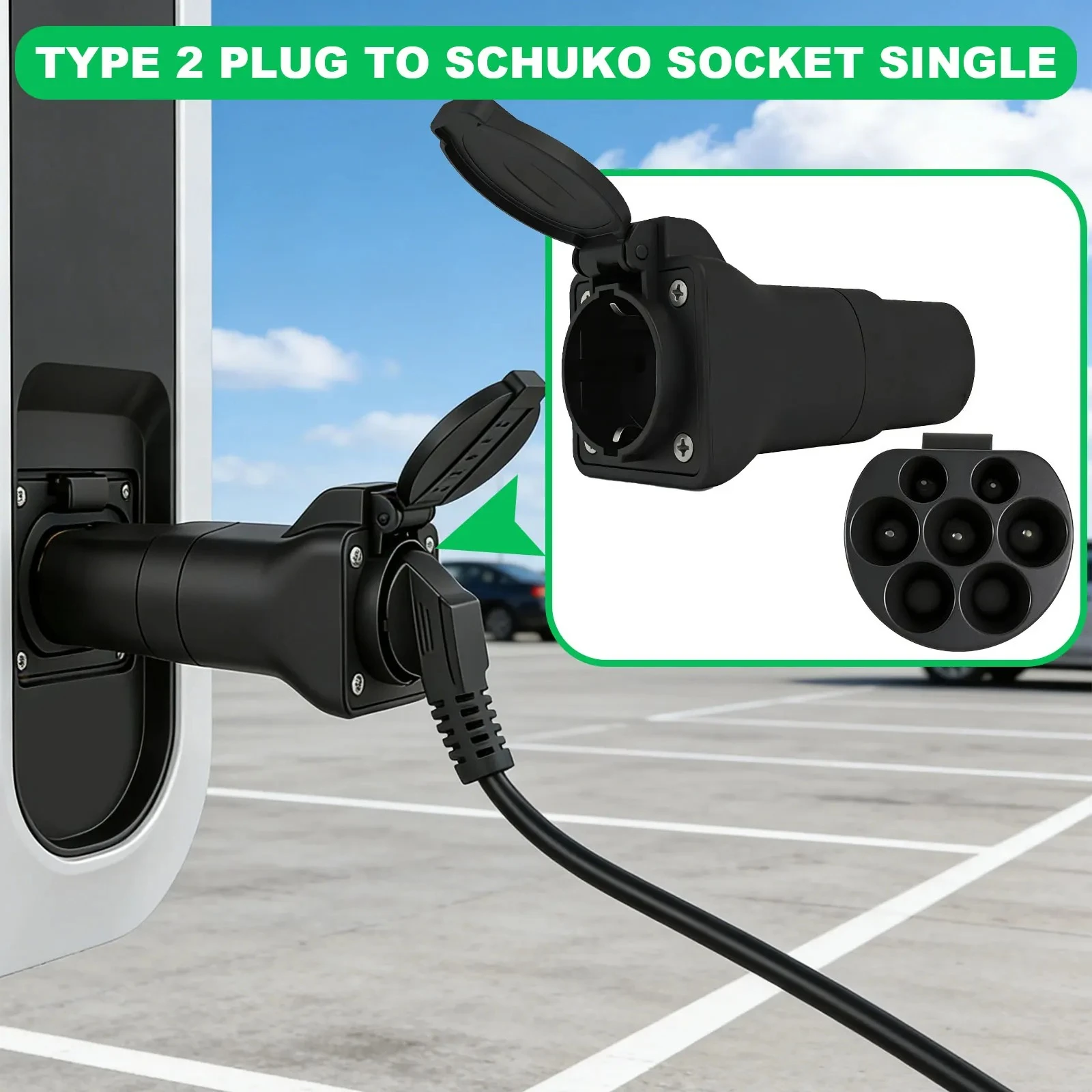 Tragbarer EV-Ladeadapter 220V Typ 2 Stecker auf Schuko-Buchse Konverter für IEC 62196-2 Ladestationen Elektroroller