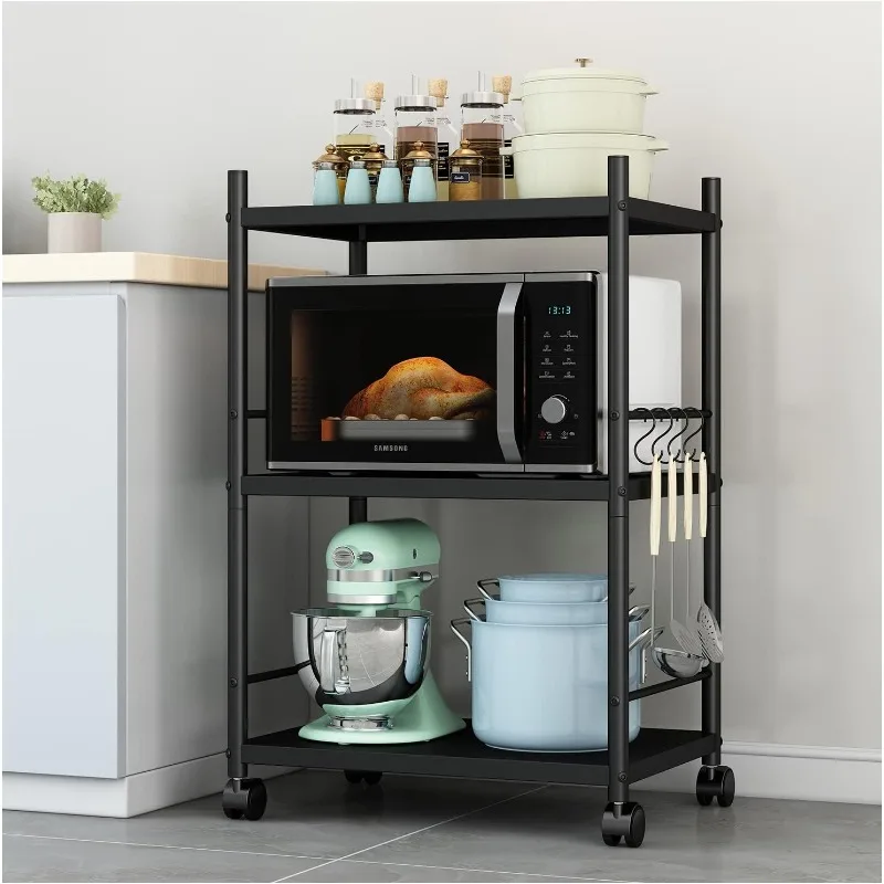 

3-Tier Kitchen Baker's Rack, Shelving Unit Heavy Duty Metal Storage Shelves, Microwave Oven Stand Rack with Wheels