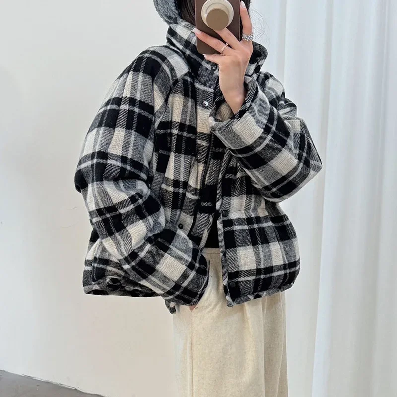 

Winter New Women's Down Jacket Commuting Stand Collar White Duck Down Plaid Jacket