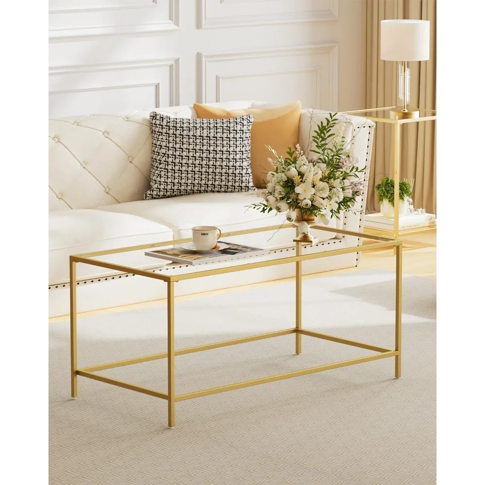 طاولة قهوة زجاجية، طاولة قهوة مستطيلة حديثة لغرفة المعيشة، طاولة شاي مركزية بسيطة مع إطار معدني قوي لـ Apa