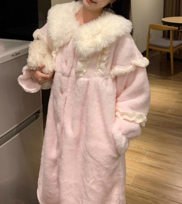 حجم كبير الحلو الوردي الأميرة الحد من العمر ثوب النوم النساء الخريف الشتاء سميكة الدافئة المرجان بيجامة من الصوف المتسكعون مجموعة #2