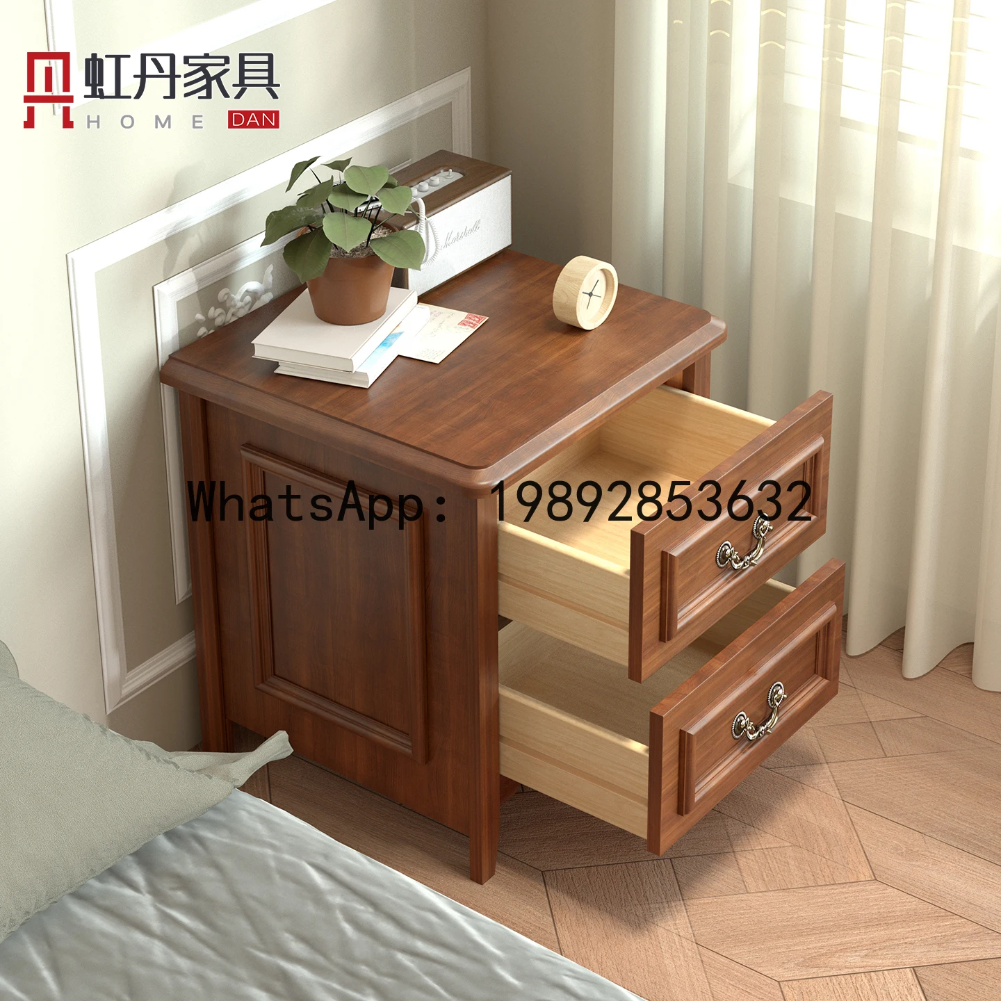 XL Solid Wood Bedside Table Luxury Home Bedroom Storage Cabinet Complete Bedside Cabinet with Password Lock Walnut Color