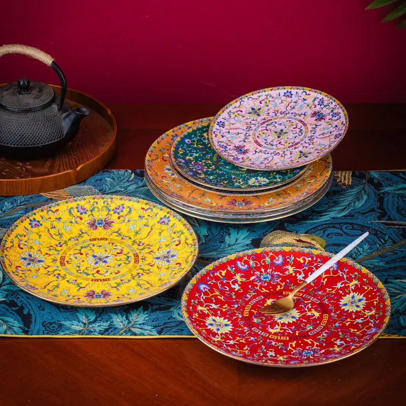 Chinese Classical Enamel Ceramic Plate Court Modern Bone China Painted Dinner Plates Afternoon Tea Cake Dessert Dishes Tableware