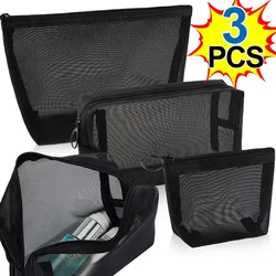 Bolsas de cosméticos transparentes de malla, 3 piezas, pequeñas y grandes, bolsa de maquillaje negra transparente, organizador portátil de artículos de tocador de viaje, bolsa de almacenamiento de lápiz labial