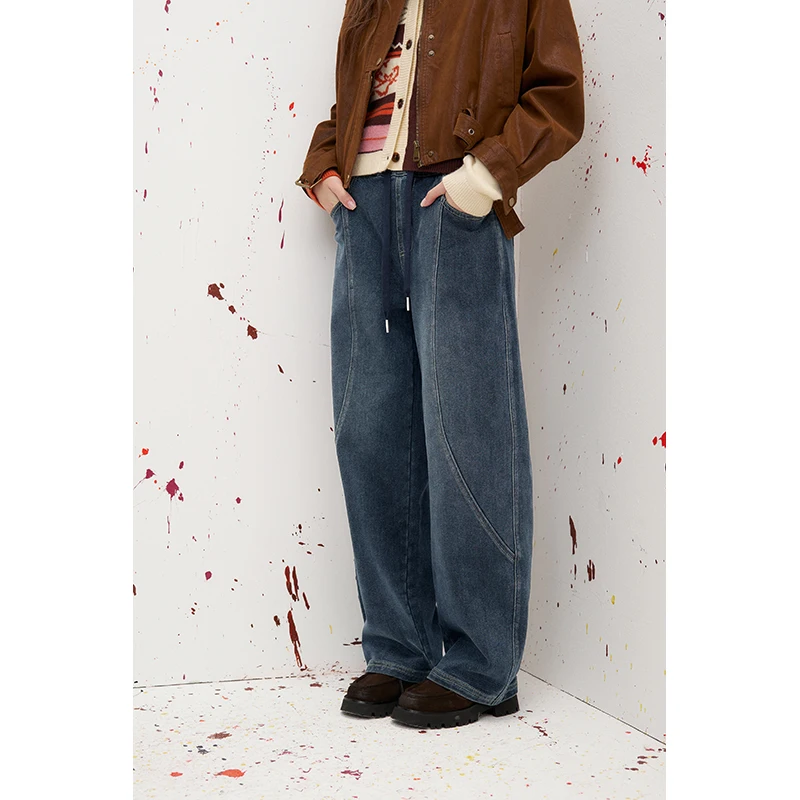 ELFSACK Women's Vintage Loose Wide Leg Jeans with Stitch Detail, Retro Casual Denim Pants, Daily Comfy Trousers