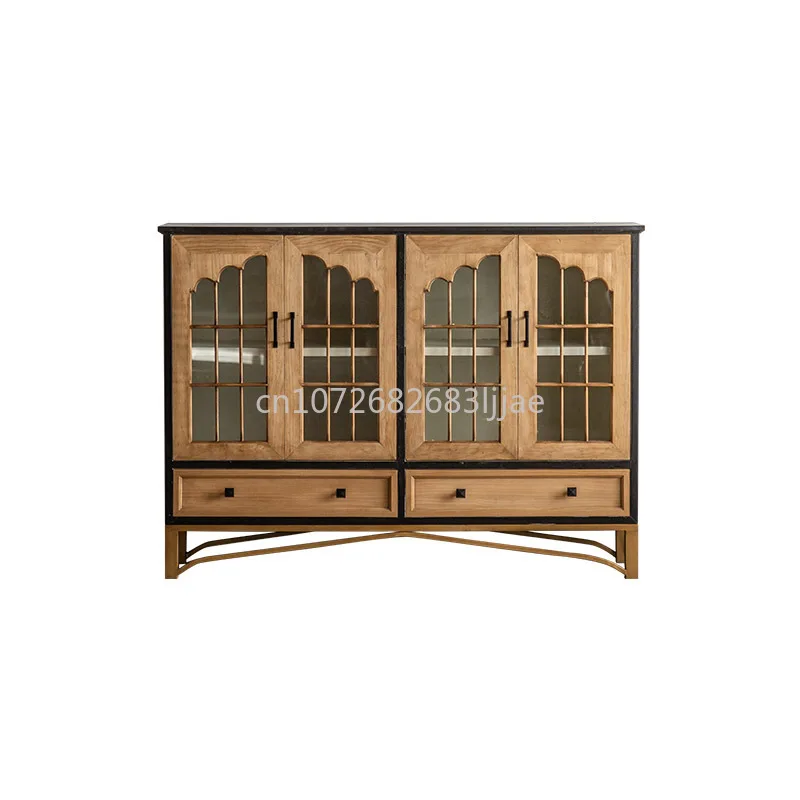 

New American-Style Solid Wood Sideboard Retro Cabinet Living Room Entrance Cabinet Wall-Mounted Double-Door Storage Cabinet