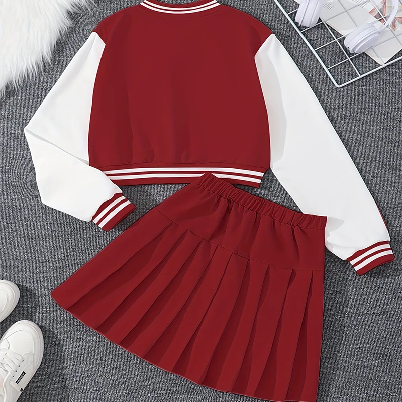 Two Piece Set Of Autumn And Winter Girls Letter Embroidery College Style Baseball Uniform Half Body Pleated Skirt Party Set