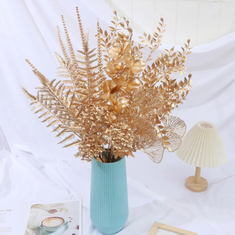 Golden Artificial Flowers Simulation Plastic Plants For Christmas Home Living Room Table Decor Party Wedding Flower Arrangement