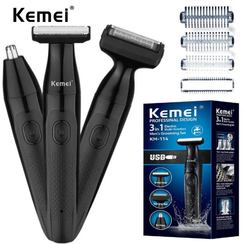 

Kemei 114 Electric Shaver Waterproof Razor 3 In 1 Nose Ear Beard Pubic Hair Trimmer Body Ball Groomer Multifunction Men Grooming