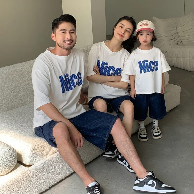 Family Matching Outfits Dad Mom and Daughter Son Cotton T Shirts Mommy and Me Same Tee Denim Shorts Clothes Sets Children's Tops