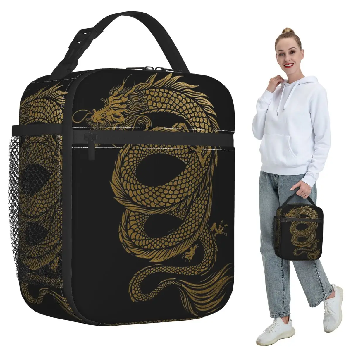 Golden Dragon Pattern Insulated Lunch Bag for Women Office Cooler Thermal Food Box Tote Leakproof Lunch Boxes Container