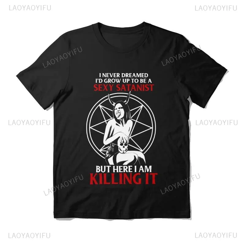 Satanic Demon Devil Cotton Tops Sexy Girl Classic Hail Satan Occult Baphomet Tshirt Men Short Sleeved Leisure Tee Shirt Clothing