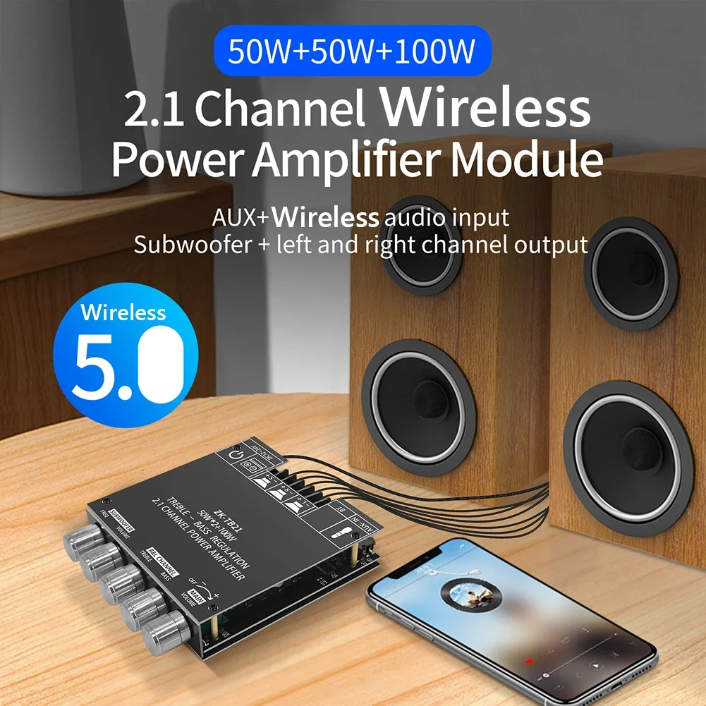 ZK-TB21 Channel Bluetooth 5.0 CS8673E 2.1 Subwoofer Amplifier Board 50W X 2+100W Power Audio Stereo Amplifier Board Bass AMP AUX