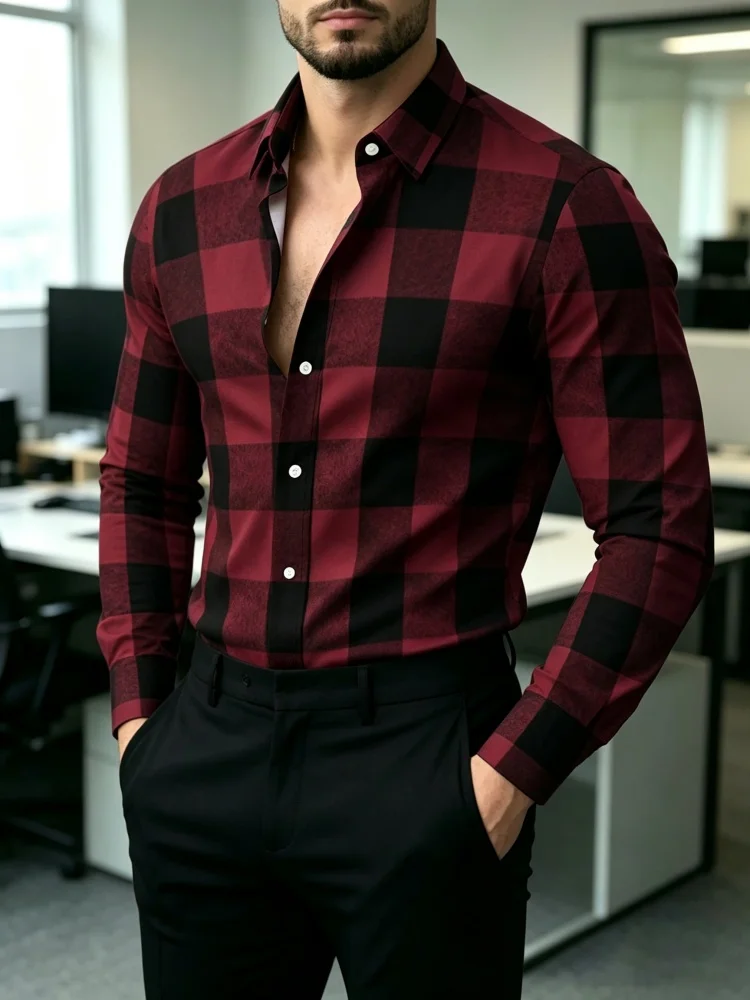 Men's Orange Blue Large Plaid Long Sleeve Collar Shirt Retro Plaid Casual Business Slimming Plaid Shirt