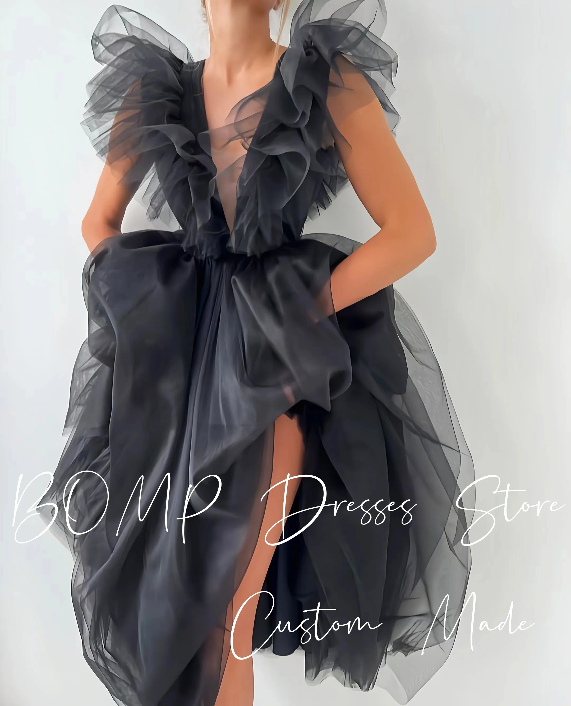 BOMP Abito da sera moderno nero con scollo a V senza schienale Piega alla caviglia Organza Occasioni speciali Abito da ballo di fine anno Personalizzato Elegante