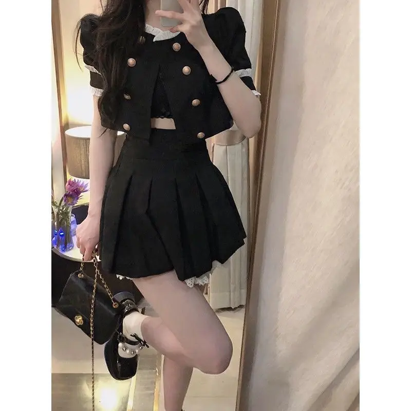 

Black Gothic 2 Piece Dress Set Women Lace Elegant Crop Tops + Mini Skrits 2023 Summer Y2k Mini Dress Korean Fashion Suits Chic