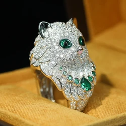 Luxury 925 Sterling Silver Emerald Green High Carbon stone Cat Finger Ring for Unisex Birthday Gift Fine Jewelry Women Or Men