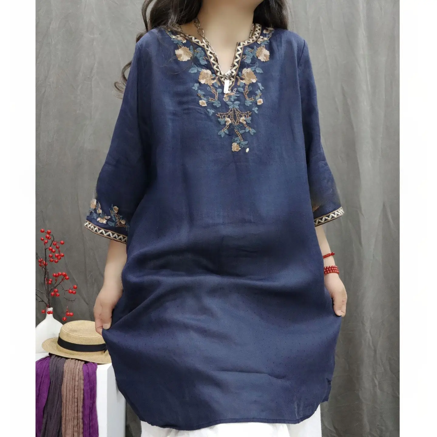 Retro Cotton Linen Embroidered Heavy Work Loose Casual Shirt Dress Spring Summer Versatile Comfortable Breathable Women's Fas...