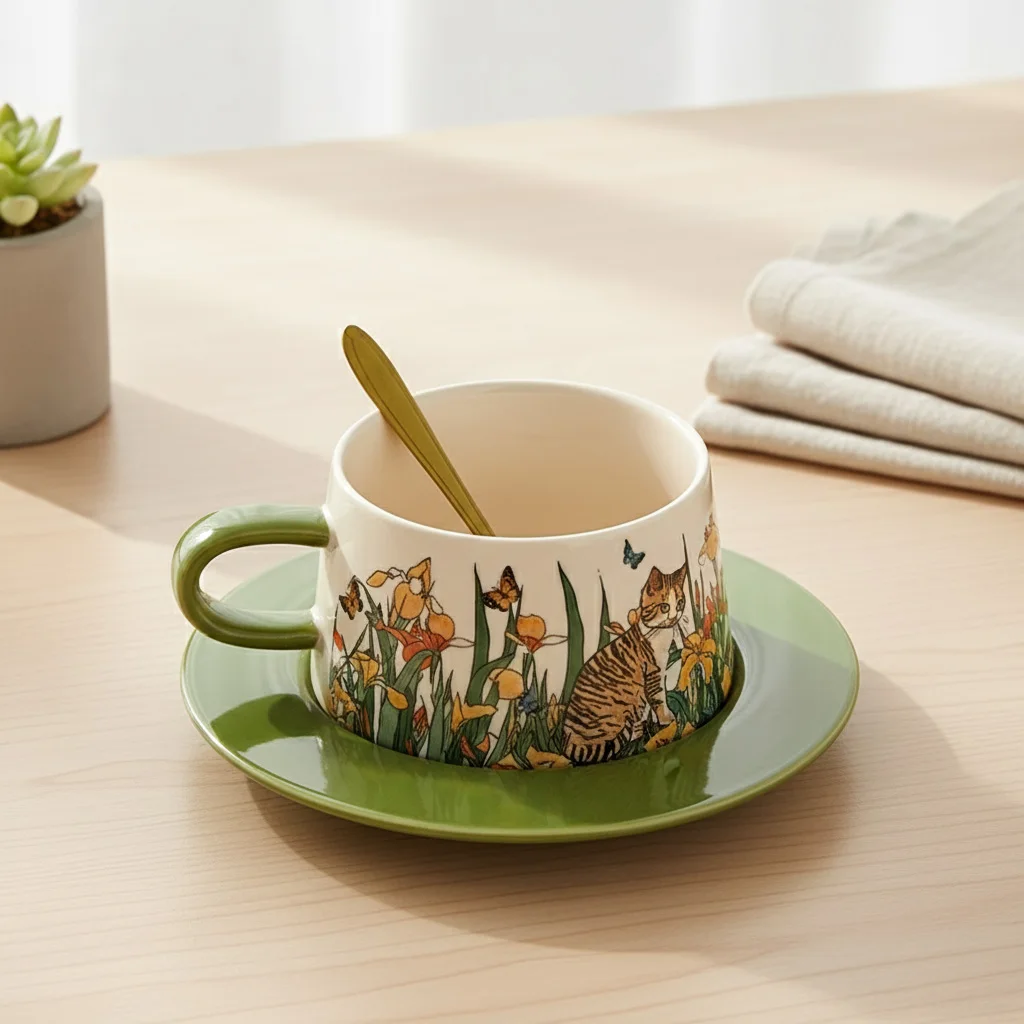 270ml Cat & Floral Coffee Mug Set with Luxury Gift Box and Saucer - Vintage Ceramic Tea Cup Present