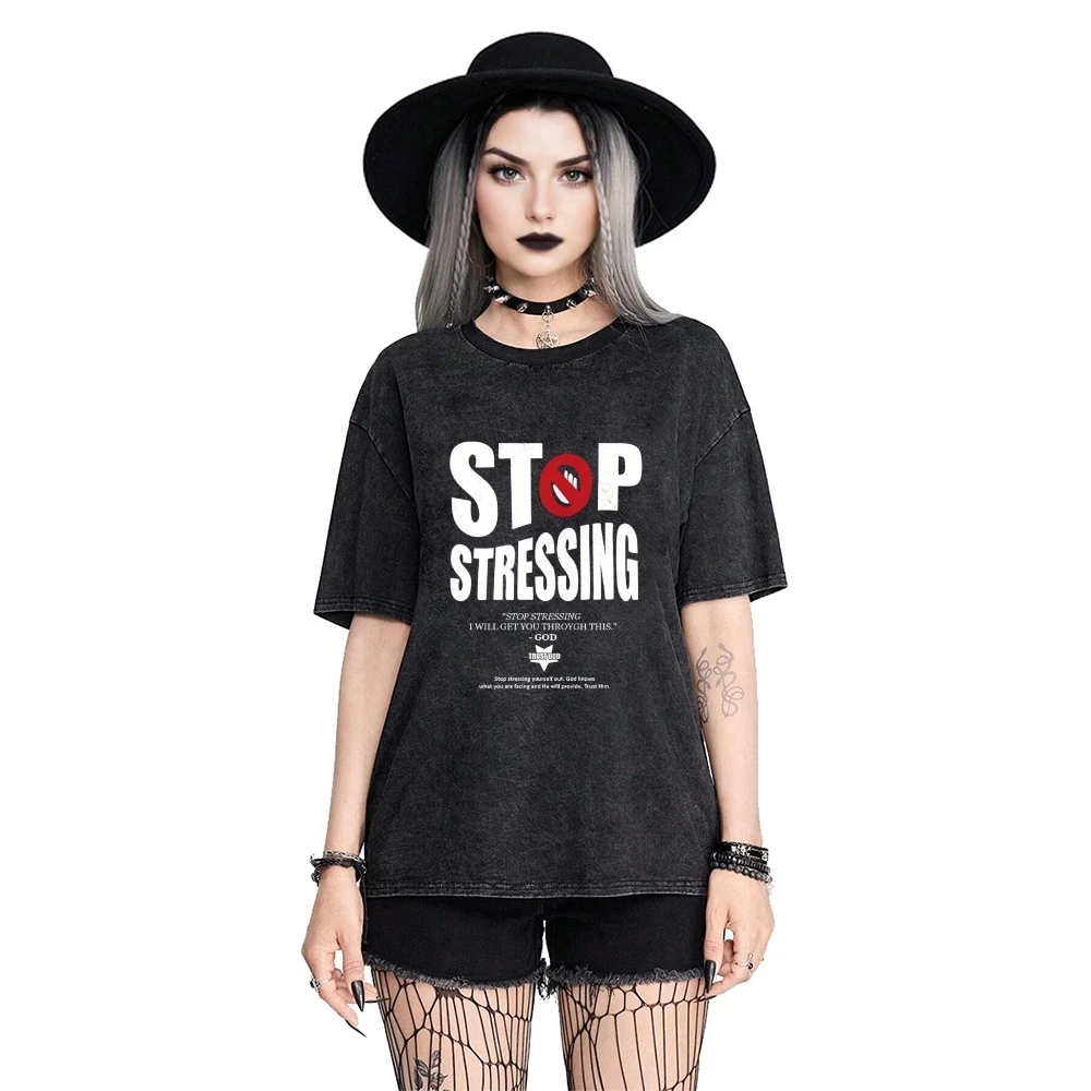 

Футболка «Стоп стресс» с мотивационным принтом слогана, повседневная свободная летняя футболка с короткими рукавами, модный игривый утягивающий жирный удобный топ