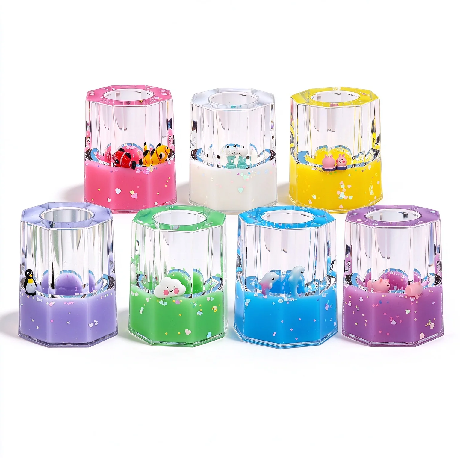 Octagon Acrylic Liquid Floating Pen Holder Cute Cartoon Figurine Glitter Quicksand Oil Pen Container Kawaii Desk Organizer