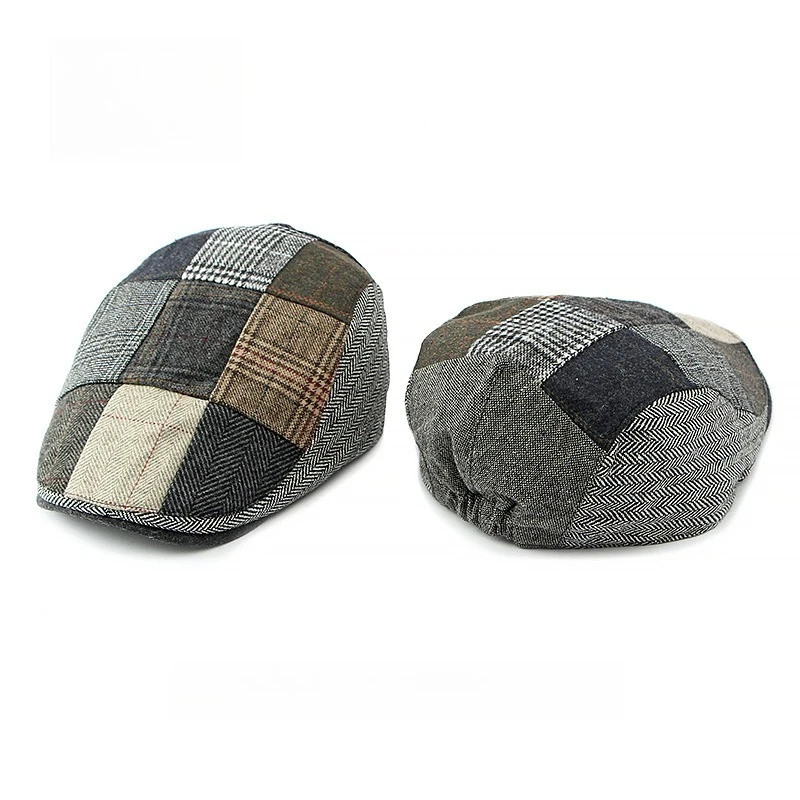 1pc Men Patchwork Tweed Flat Cap Vintage Plaid Herringbone Newsboy Cap Elastic Back Ivy Hat British Gentleman Driving Beret Cap