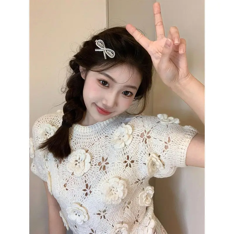 

Women's Cream Crochet Knit Top 3D Floral Embroidery Hollow Out Short Sleeve Sweet Casual Summer Top