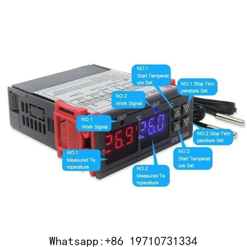 Dual Digital Temperature Controller Thermostat Thermoregulator Incubator Relay LED 12V24V 220V Heater Cooler Dual Probe STC-3008