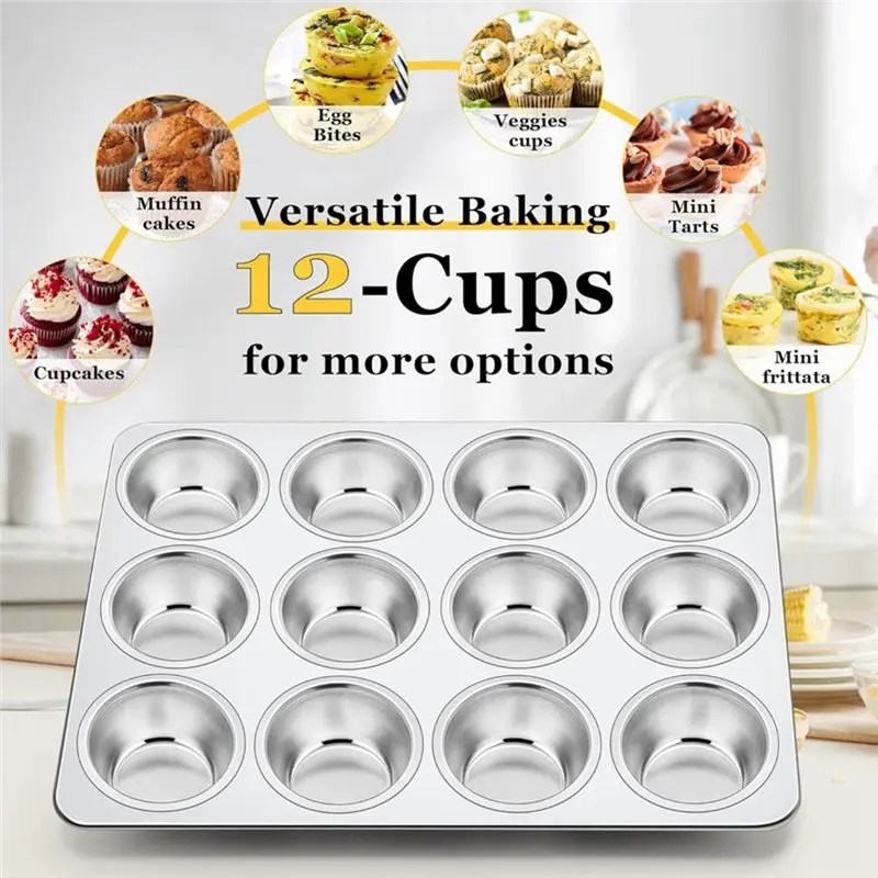 ABAE-Muffin Pan, Stainless Steel Cupcake Tin With 12 Cups Regular Size, 13.8