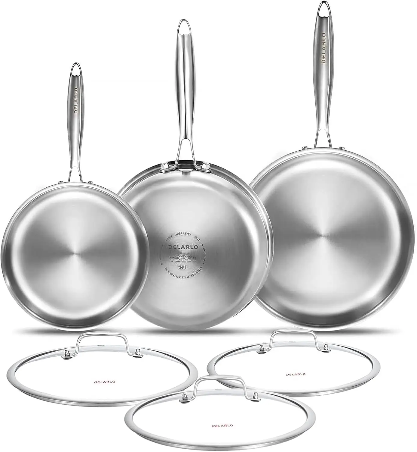 

Three-Piece Stainless Steel Skillet Set with 3 Lids Large Induction-Ready Skillet Chef's Pan Cookware Set Kitchen Cookware Set
