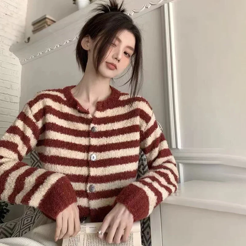 

Autumn Winter Women's Casual Striped Sweater Loose Fit O-Neck Soft Thick Knitted Cardigan Elegant All-Match Fashion Short Tops