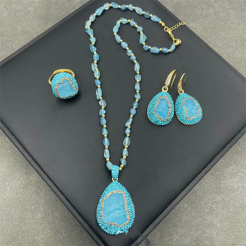 

Unique Irregular Natural Aquamarine Jewelry Set for Women Blue Rhinestone Quartz Raw Crystal Charm Necklace Ring Earring Sets