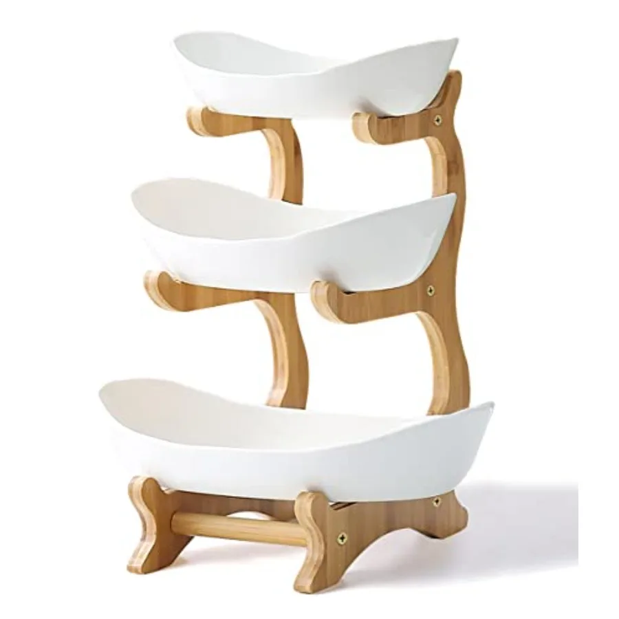 

3 Tier Ceramic Fruit Bowl With Bamboo Wood Stand for Kitchen CounterPorcelain Fruit Basket for Vegetable Storage Snack Dessert