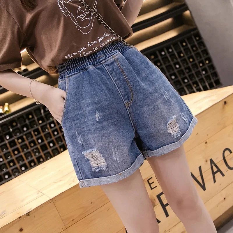 Large Size Broken Hole Cowboy Shorts Women Thin Section Wide Loose Tight High Waist Skinny A Word Wide Leg Fattening Hollowing